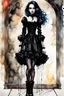 Placeholder: Create and fine print ink wash and watercolor full body portrait illustration of a Goth Girl ball jointed porcelain doll, with finely lined and detailed facial features in a ragged gothic dress, fishnet stockings ,battered combat boots, , in the graphic novel style of Bill Sienkiewicz, and Jean Giraud Moebius, precisely drawn, colored and inked