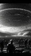 Placeholder: A land filled with hundreds of aliens in a bright light at the end of the picture a huge spacecraft object hovering above , cinematic, 8k, in black and white, fine line draw