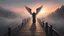 Placeholder: walking straight ahead over a wooden bridge, holding the angel of death with your right hand, entering the fog at the end of the road that leads to the afterlife, a stream from the mountains flows from the right and left, and a beautiful sunset behind the fog, realistic