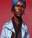 Placeholder: Fashion illustration, fashion drawing, Croquis, Hussein Suleiman, Jefferson Osei, Abderrahmane Trabsini, mudcloth fabric denim jacket, kente cloth, jeans, flare leg, African American model, Luke Edward Hall, red denim jacket, fringe