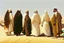 Placeholder: A tall fat european man in business suit wathcing four Arabian sheikhs sitting in the desert wearing typical Arab dresses, looking towards the four cardinal points and he is thinking.