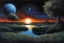 Placeholder: Dark blue sky with one exoplanet in the horizon, rocks, puddle, weeds, 2000's sci-fi movies influence, epic, ernest welvaert, and friedrich eckenfelder impressionism paintings