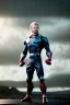 Placeholder: retro portrait image from 1960, sky background, wind, extra long blonde hair, fighting stance, young Chris Hemsworth, clean shave face, black dress, classic long tight lycra black suit, big red cap, platinum lycra with scales on the arms, gold bracelet and belt, high boots, soft color, highly detailed, unreal engine 5, ray tracing, RTX, lumen lighting, ultra detail, volumetric lighting, 3d, finely drawn, high definition, high resolution.