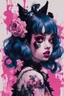 Placeholder: Poster in two gradually, a one side malevolent goth vampire girl face and other side the Singer Melanie Martinez face, full body, painting by Yoji Shinkawa, darkblue and pink tones,