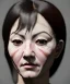 Placeholder: Simetric Realistic image portrait. Sweet woman head traditional japanese porcelain mask. Smooth. Dark ambient. Cold. God light. 4k resolution, intricate details, ornate details, soft lighting, unreal engine 5.