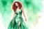 Placeholder: full figure, red curly hair upswept gorgeous singer on a stage in front of a microphone, sleeveless rose gold shiny silk long dress, the dress goes down to bluish green, photorealistic watercolour