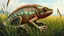 Placeholder: Realistic oil painting of a humanoid chameleon resting in a peaceful grassland, intricate details on the scales and human features, vibrant colors, by HR Giger and Salvador Dali, (long shot), soft natural lighting, surrealism style.