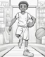 Placeholder: coloring page, depicting a black kid as an Athlete, full body, outline, black and white, highly defined, white background, empty background, cartoon style, coloring book style