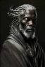 Placeholder: a photo of an African man with ethnic jewelry, grey hair and grey flowing robe, in style of Annie Leibovitz, contemporary portrait of a mature yet beautiful and modernist man, black and grey, detailed masculine face, swirling fluid smokey enigma, award-winning artwork