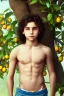 Placeholder: beautiful 12 year old arabic boy with long, curly hair and light blue eyes, smiling, shirtless, in front of a distant mango tree