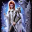 Placeholder: david bowie, white owl feather fancy clothes, Jim Henson's The Labyrinth, Jareth the goblin king, crystal ball in hand, wearing spandex grey leggings with a crotch bulge