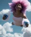 Placeholder: Ultra realistic speed clouds sky scene, wide angle view, sweet childs falling down, inflatable color clothing, free jumping flying, many trinkets, monster hair, hair monster, many jelly beans, balls, smile, happy, circus style, extreme, wind, clouds sea, 20,000 feet altitude, stratosphere, soft color, highly detailed, unreal engine 5, ray tracing, RTX, lumen lighting, ultra detail, volumetric lighting, 3d, finely drawn, high definition, high resolution.