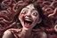 Placeholder: Woman with rare eyes,smiling meanwhile many worms streaming from his mouth, face distorted with pain, screaming, tears streaming, siting pose, fullbody, Junji Ito style, darkred tones,high detailed, 4k resolution, digital paiting, cute, art, no background 3d pixar disney the cinematic FKAA, TXAA, and RTX graphics technology employed for stunning detail.