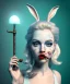 Placeholder: Ultra realistic portrait, wonderland, happy blonde Alice smoking a pipe, blue dress. elegant anthropomorphic white rabbit, circus dress style, old school tattoo, laughter, smoke, marijuana garden, mushroom lamps, glow eyes, perfect iris, soft color, highly detailed, unreal engine 5, ray tracing, RTX, lumen lighting, ultra detail, volumetric lighting, high definition.