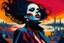 Placeholder: Stylized representation of a audacious vampire girl by Afarin Sajedi, her silhouette residing amidst bold, attention-grabbing abstract design that's defined by bursts of vibrant, highly saturated hues, juxtaposed against stark, surrealist landscapes or bustling colored cityscapes, vectors of strikingly dressed people indulging in eccentric poses, interspersed within alien, otherworldly