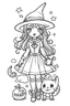 Placeholder: Online art for cute Halloween coloring pages with a witch and cat, white background, sketch style, full body, only use outline, clean line art, no shadows, and clear and well outlined.