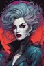 Placeholder: full color illustration of a surreal futuristic female vampire traveler, with highly detailed hair and facial features in the style of Sveta Dorosheva and Travis Charest, detailed and sharply defined line work and inking, vibrant natural color palette, 4k