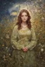 Placeholder: Night, vegetations, flowers, one woman, distant house, mistery, gothic horror films influence, hans thoma, and george iness paintings