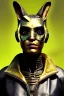 Placeholder: Medium Close Up Portrait, Front image. cyberpunk, rabbit mask, sweet woman, gold hair. Leather, feather suit. Yellow, red, color. Mad max style. Color background, photo studio. Avatar image, highly detailed, concept art, smooth, unreal engine 5, ray tracing, RTX, lumen lighting, ultra detail, volumetric lighting, 3d, finely drawn, high definition, high resolution.