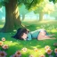 Placeholder: tiny anime girl sleeping in the distance, laying down in a field of flowers, underneath a willow tree, with a butterfly on her nose