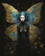 Placeholder: A strange old thin fairy with detailed shapes, head wrapped in dark cloth. Colorful butterfly wings. It stands in the gold, black and blue space of a flower hell. Abstract expressionism, grunge textured grainy oil colors on canvas. Disturbing depressive. Soft brush strokes Gustav Klimt.