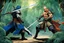 Placeholder: (in the style of Orion, by Masamune Shirow) DUEL: a tattooed gangsta monk with his staff fights against a paladin knight with his two handed sword zweihander in the jungle