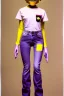 Placeholder: Photograph of a woman. Low waist jeans, baggy, 1996,1997,1998!Big serigraph print of a plant!Terracotta,cream,purple,lilac. Cream colored latex parts. imperial yellow, red plum stripes, only on the top half of t-shirt. European daft punk woman. Mantle is sewed of recycled Denim and sewed together of recycled polymer felt. lace, Yellow(Munsell) areas. hint of orange as effect color!!Big bright purple/khaki felt tippet and cream or blue or lilac colored-hood. mantle is merged with cobalt