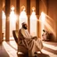 Placeholder: "In the center of the image, an men with beard is seated on a comfortable chair wearing arabic attire. The room is cast in a gentle shadow, with sunlight streaming in from the side, creating a warm and inviting atmosphere."