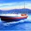 Placeholder: modern Fisherman small boat in the harbor, in the style of a watercolor painting