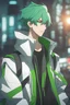 Placeholder: Young man with lvividgreen hair, vivid green eyes, smug, green and white futuristic clothes, white headband, sai, urban background, RWBY animation style