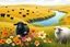 Placeholder: Create a vibrant pastoral scene featuring a colorful landscape. In the foreground, two sheep stand among flowers: one is black with a smooth texture, and the other is white and fluffy. Surrounding them are various stylized flowers in hues of orange, pink, and cream. The midground features a gentle rolling terrain with black sheep and white sheep grazing peacefully, some scattered throughout the grassy field. Towards the background, a serene river winds through the landscape, reflecting the soft