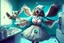 Placeholder: owl nurse in nurse's costume dances in a hospital room while dynamically dispensing pills upwards