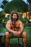 Placeholder: half figure shot photography of a burly strong stocky chubby muscular built short gipsy shirtless homeless hairy man 31 years old in opened broken shorts, manly chest, curly beard, dreadlocks,ajar mouth, sweat, wet, angry, sitting on a chair on the meadow, in a private elegant garden of a villa, raining nighttime, big shoulders, ambient occlusion, photorealistic, frontal view from the ground, dim light from little bulbs