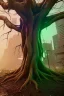 Placeholder: Cyberpunk theme, portrait of Oak tree roots holding man inside, misty sunny day, close-up portrait, symbios