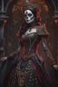 Placeholder: a beautiful skeleton woman dressed in a queens attire, queen of the underworld, colored eye area, hollow eyes, blood, veins, intricate, detailed, . sideway pose, living dead, morbid, unholy, a living dead, fantasy, extremely intricate, cinematic, hyper realistic, hyper detailed, cinematic, absurdres, 4k, 8k, UHD, HDR, octane render, unreal engine