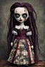 Placeholder: full color, illustration of a dark menacing Scottish vampire girl, tall and willowy , as a decayed, broken, crude homemade patchwork cloth doll toy, with a cracked porcelain face, thick dark eyebrows, hair made from ragged strips of cloth, in the style of Nadya Sheremet