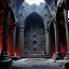Placeholder: [high res photo by Ray Harryhausen] The lair and throne room of the red demon, Darkness, from Legend. A vast, cavernous underground palace of gothic grandeur and primordial decay. The architecture is a fusion of jagged, natural rock formations and profane, melted black stone, forming arches, pillars, and a massive, organic throne. The space is littered with piles of gold, jewels, and shattered relics that glimmer faintly. The only illumination comes from a few sickly, phosphorescent fungi and th