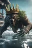 Placeholder: self aware werewolf bread with sea weed crown crawling while hovering over the icy docks in fallout 4 setting, bokeh, downlight, prize winning, depth of field, in the style of ivo caprino