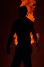 Placeholder: a guy in the dark with his back turned and looking back at the camera. manipulating fire in both his hands.