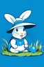 Placeholder: A white rabbit wearing a blue shirt and a black hat with a bunny logo, mowing the lawn