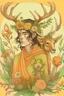 Placeholder: create a drawing for me. a fantasy drawing of a hispanic man with deer skull on his head. he has brown hair and tan skin. he wears peach colored robes and yellow pants with green accessories. he is surrounded by nature and is holding a crow companion. the skull is large and covers the face completely. the deer skull covers his face and the antlers have flowers on them.
