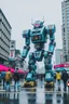 Placeholder: little people looking at huge dancin giant robot of vitalik buterin at tokyo shibuya crossroads in the rain