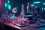 Placeholder: futuristic microscope and other laboratory gadgets on a bench , 16k, 3d rendering, expressively detailed, futuristic, cyberpunk, dynamic light, neon lighting,