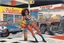 Placeholder: one woman in bright colorful and checkered (high res photo by Ralph Steadman in the 70ties) super heroine in leotard (chevron, lycra, nylon, spandex, tights) stops a massive violent thief at a gas stations, she is the queen of jujustu