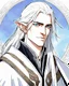 Placeholder: a young High Elf frost Wizard with long wiry hair, wearing a black trimmed white nobleman's robe and frost ornaments on clothes, with a small weasel on his shoulder