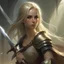 Placeholder: pretty woman, blonde, conventionally attractive, fighter, greatsword, elf, dramatic