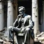 Placeholder: Against a backdrop of desolation and abstraction, a weathered white marble statue of Abraham Lincoln dressed in his iconic suit sits in quiet ruin. Seated on a fractured stone chair, his form leans forward, hands pressed to his face in silent grief crying. The weight of time and lost ideals is evident in the worn textures of his figure, his once-im