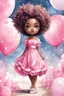 Placeholder: A watercolor fairytale style of a chibi cartoon wearing a pink maxi dress and white sandals. Prominent make up with hazel eyes. Highly detailed tight curl afro. Background of white and pink ballons everywhere.