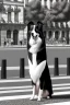 Placeholder: One single mature border collie, playing guitar in the street , Vienna, friendly, sunny day, model style, hyper realistic, extremely accurate, delicate, extremely detailed, Graphic novel style, wide-angle, open aperture, superfine pencil