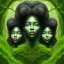 Placeholder: Painting .three women. the faces of three young black women. wood nymphs emerging from the forest. Her hair looks like vines. Dreadlocs. Her skin is the colour of dark soil. Her skin looks like tree bark. Her clothing is made of vines, grass and leaves.